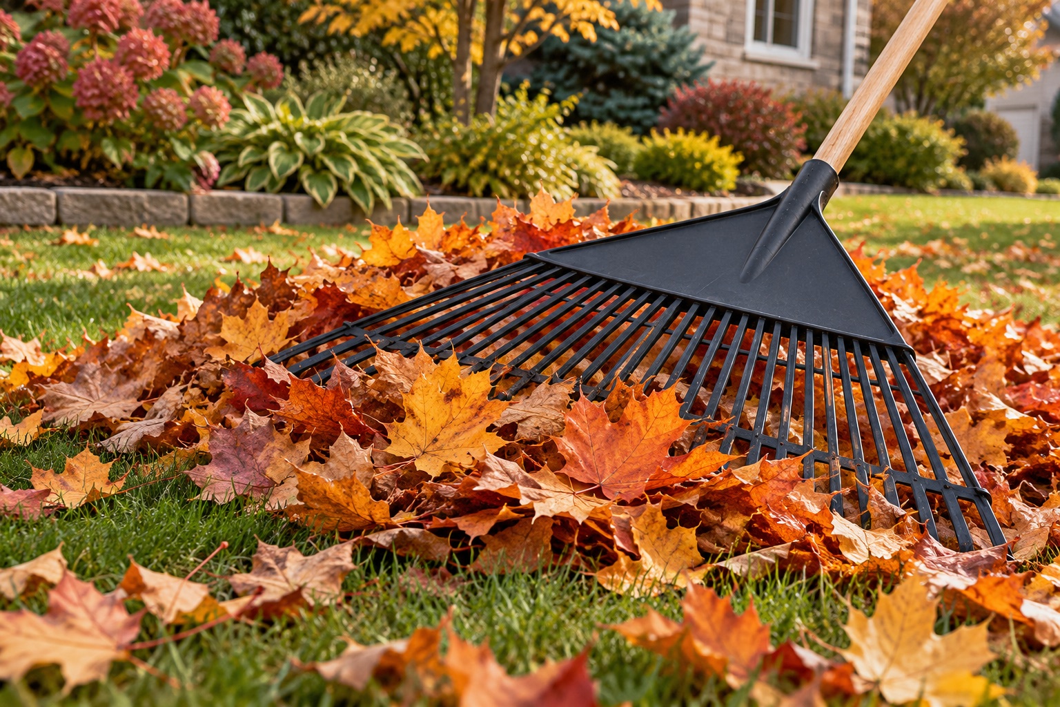 Leaf rake resting in autumn maple leaves