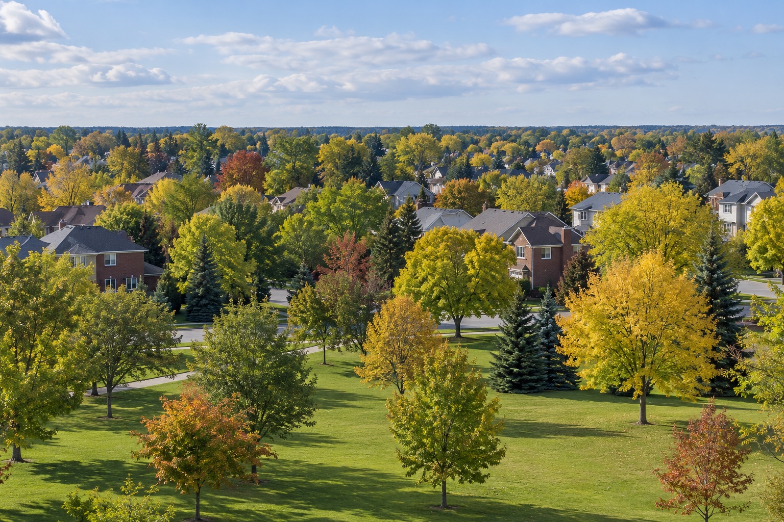 Illustrative leafy suburban neighbourhood and park